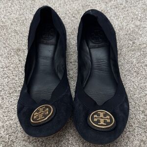 Tory Burch Navy Ballet Flats with Gold Logo Accent
